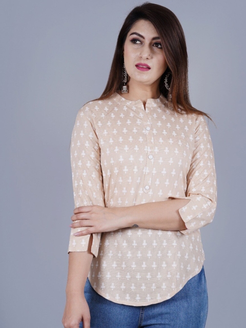 

PNEHA Women Beige & White Printed Mandarin Collar Regular Top