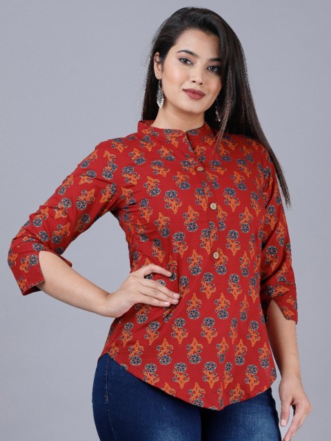 

PNEHA Women Rust & Orange Floral Mandarin Collar Regular Top