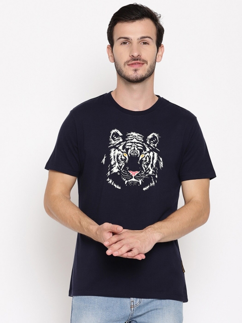 

Wolfpack Men Navy Blue & Off White Printed Cotton T-shirt