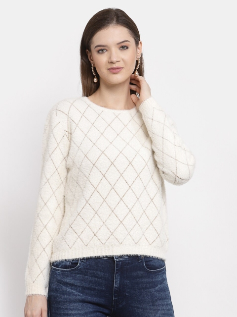 

Mafadeny Women Cream-Coloured Checked Pullover