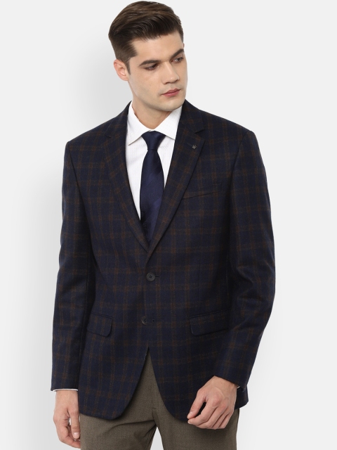 

Louis Philippe Men Navy Blue Checked Regular-Fit Single Breasted Pure Wool Blazer