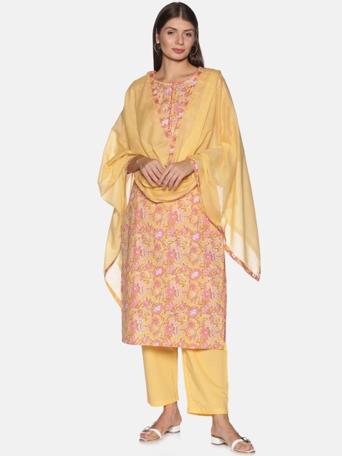 

Palakh Women Yellow Floral Embroidered Regular Pure Cotton Kurta with Trousers & With Dupatta