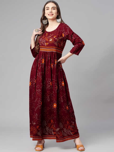 

Nehamta Maroon & Orange Floral Printed Maxi Ethnic Dress
