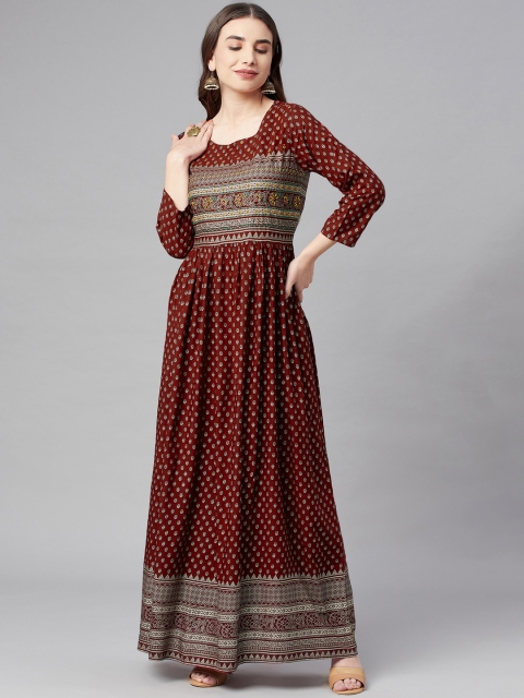 

Nehamta Maroon & Off-White Floral Printed Maxi Ethnic Dress