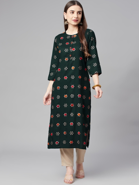 

Nehamta Women Green & Red Geometric Printed Thread Work Kurta