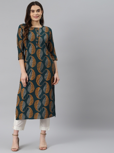 

Nehamta Women Teal Green & Rust Brown Paisley Printed Kurta