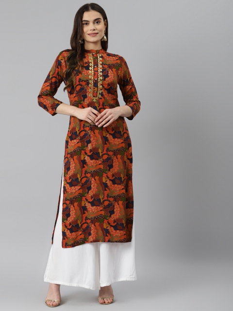 

Nehamta Women Multicoloured Foil Printed Gotta Patti Kurta, Orange