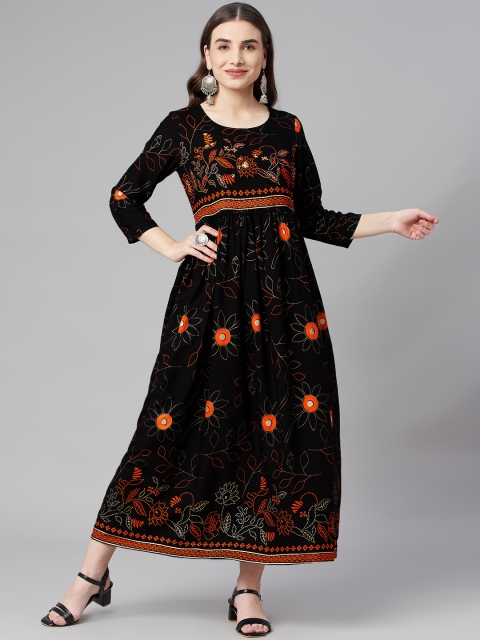 

Nehamta Black & Orange Floral Printed Maxi Ethnic Dress
