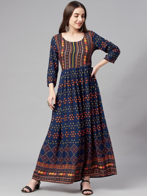 

Nehamta Teal Blue & Red Ethnic Motifs Printed Maxi Dress