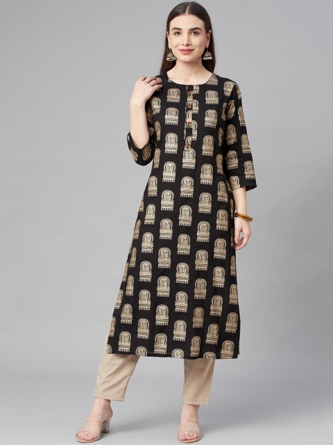 

Nehamta Women Black & Gold-Toned Foil Printed Kurta