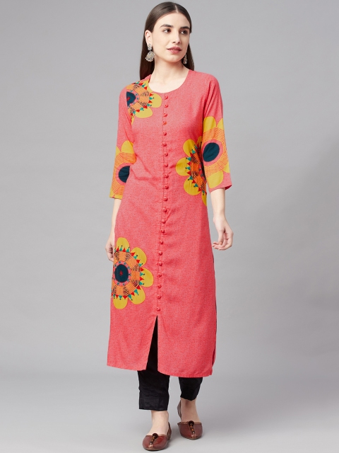 

Nehamta Women Peach-Coloured & Yellow Ethnic Motifs Printed Kantha Work Kurta