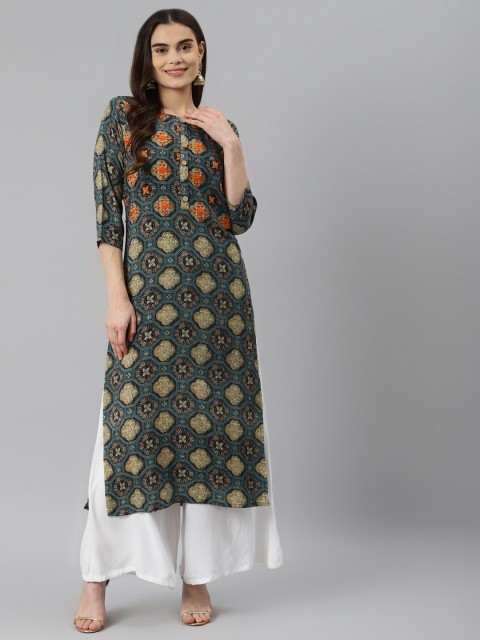 

Nehamta Women Teal Blue & Brown Geometric Printed Thread Work Kurta