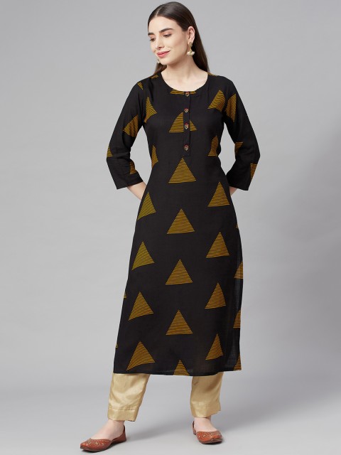 

Nehamta Women Black & Yellow Geometric Printed Kurta