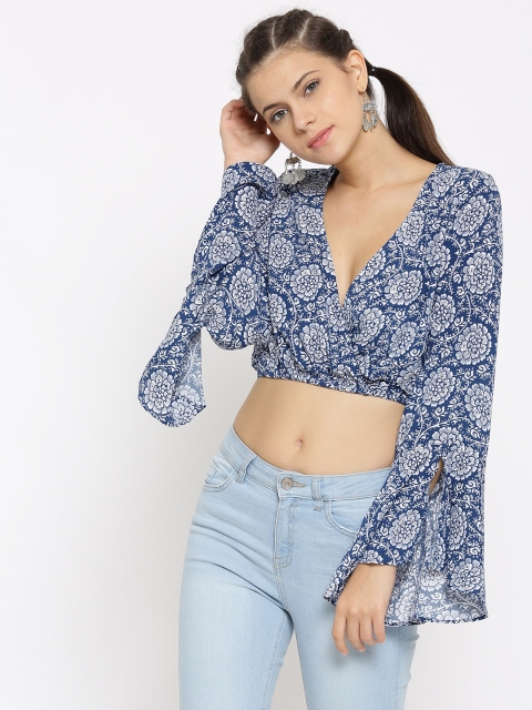 

FOREVER 21 Women Navy Floral Print Crop Top, Navy blue