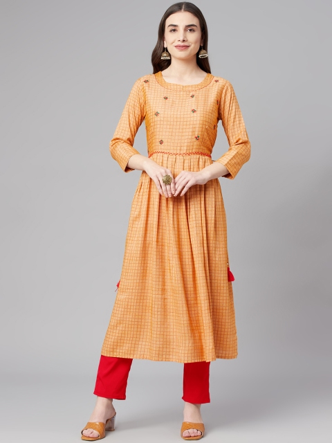 

Nehamta Women Mustard Yellow & Orange Checked Thread Work Kurta