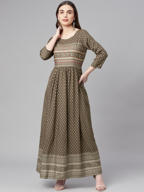 

Nehamta Olive Green & Off-White Floral Printed Maxi Ethnic Dress