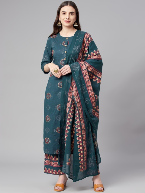 

Nehamta Women Teal Blue Ethnic Motifs Printed Kantha Work Pure Cotton Kurta Set