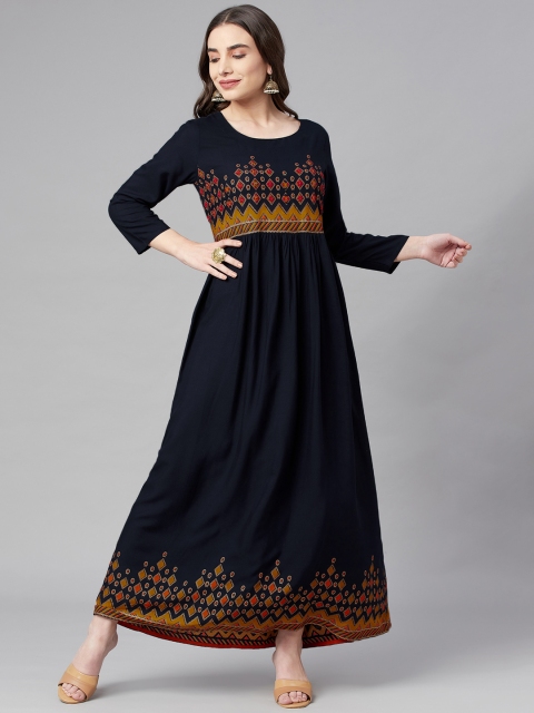 

Nehamta Navy Blue & Mustard Yellow Geometric Printed Maxi Dress