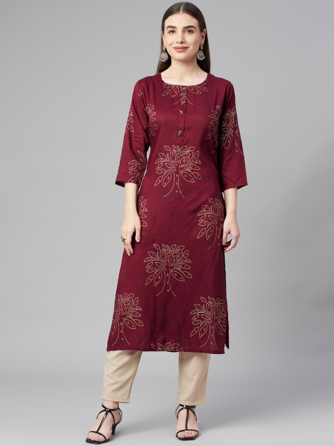 

Nehamta Women Burgundy & Gold-Toned Foil Printed Kurta