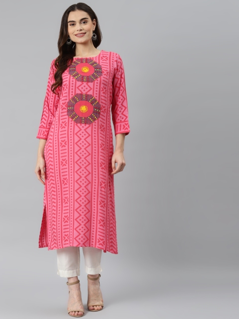 

Nehamta Women Pink & Yellow Geometric Printed Thread Work Kurta