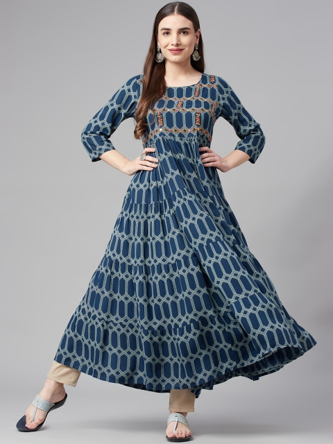 

Nehamta Blue & White Geometric Printed Maxi Dress