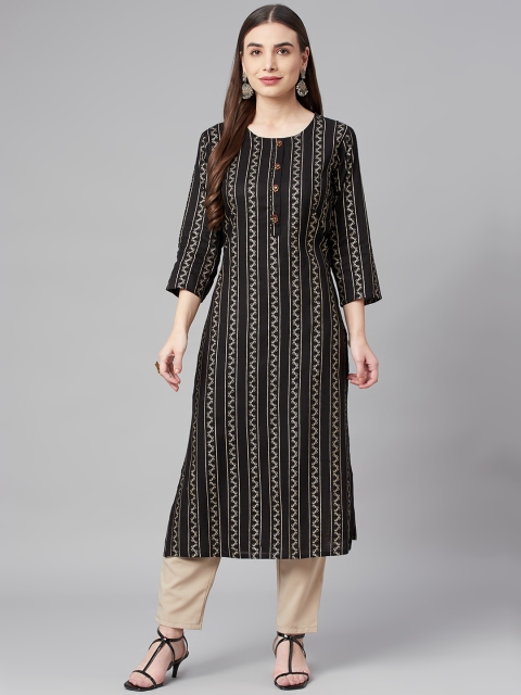 

Nehamta Women Black & Gold-Toned Striped Foil Printed Kurta