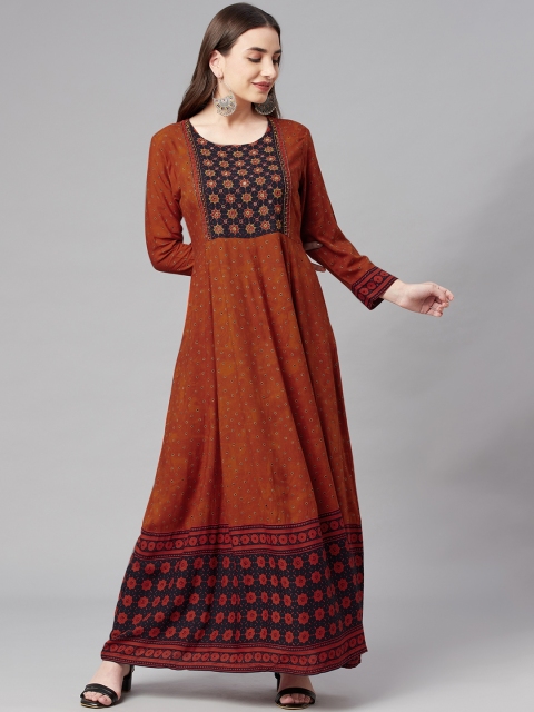 

Nehamta Rust Orange & Teal Green Ethnic Motifs Printed Maxi Dress