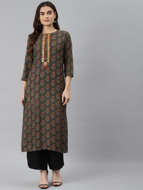 

Nehamta Women Olive Green & Black Floral Striped Gotta Patti Floral Kurta