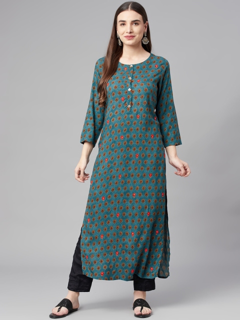 

Nehamta Women Teal Blue & Red Floral Printed Mirror Work Kurta