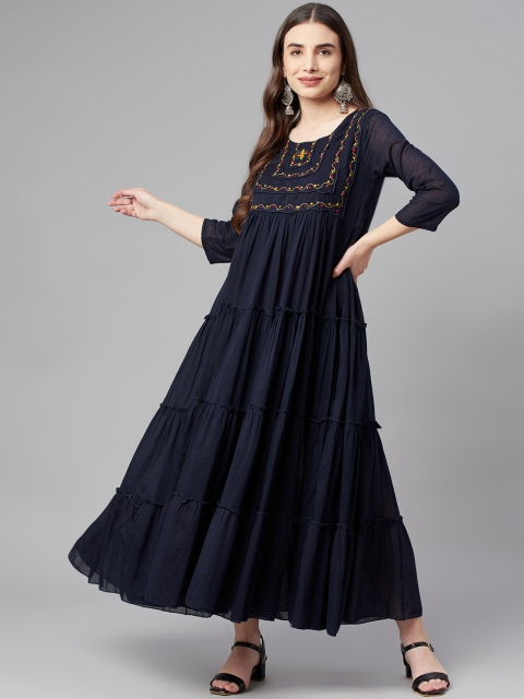 

Nehamta Navy Blue Solid Cotton Mulmul Ethnic Maxi Tiered Dress