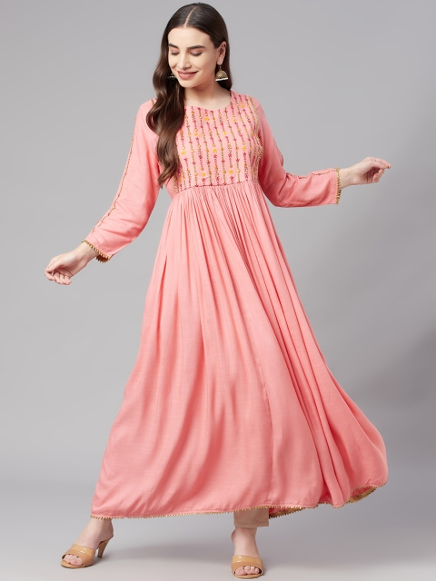 

Nehamta Pink Solid Embroidered Maxi Dress