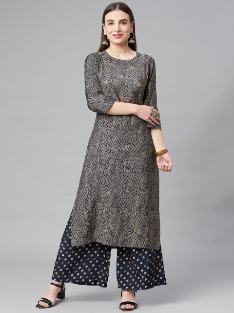 

Nehamta Women Navy Blue Ajrak Printed Sequined Pure Cotton Kurta Set