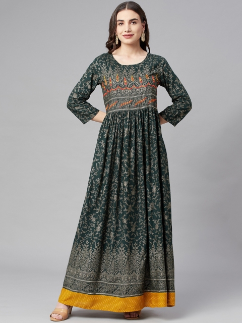 

Nehamta Green & White Ethnic Motifs Printed Maxi Dress