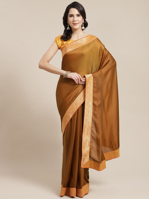 

SHANGRILA Brown & Gold-Toned Zari Art Silk Ready to Wear Saree