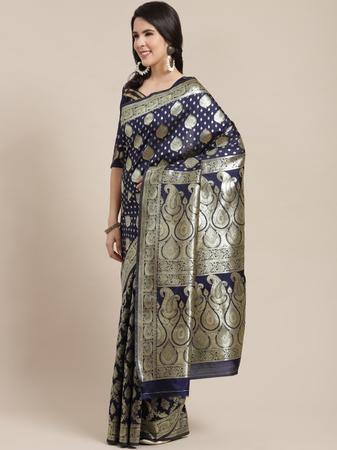 

SHANGRILA Navy Blue & Gold-Toned Paisley Zari Art Silk Saree