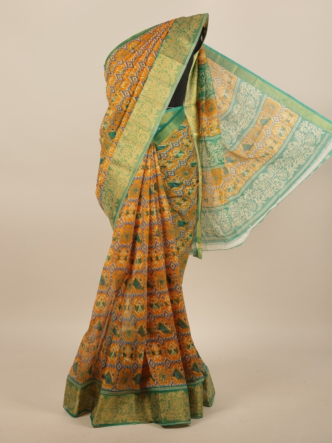 

Pothys Mustard & Gold-Toned Ethnic Motifs Printed Saree