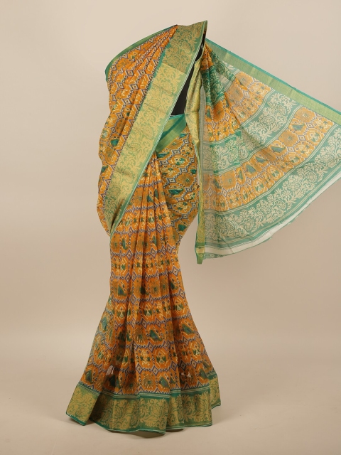 

Pothys Mustard Yellow & Green Geometric Printed Saree