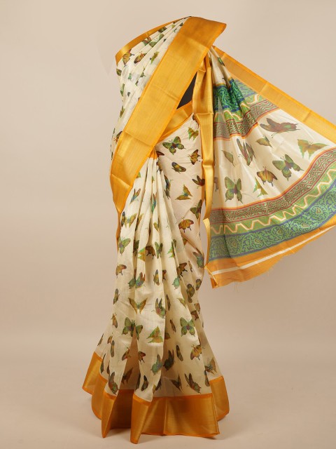 

Pothys Cream-Coloured & Green Ethnic Motifs Printed Zari Saree