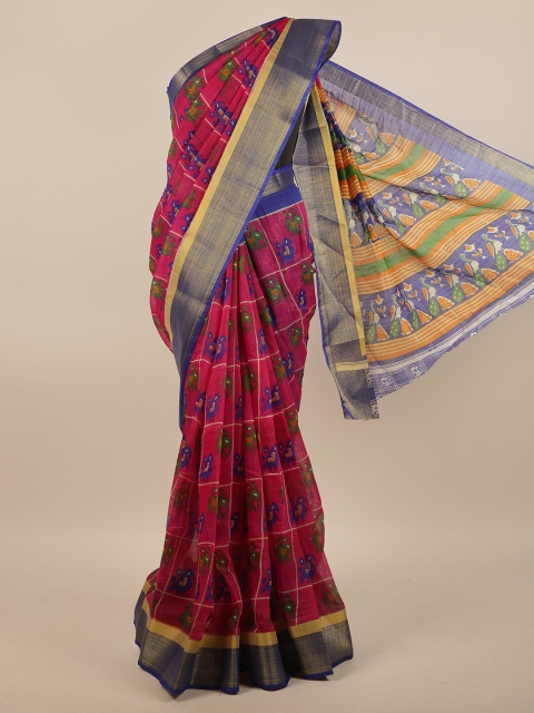 

Pothys Pink & Blue Ethnic Motifs Printed Zari Saree