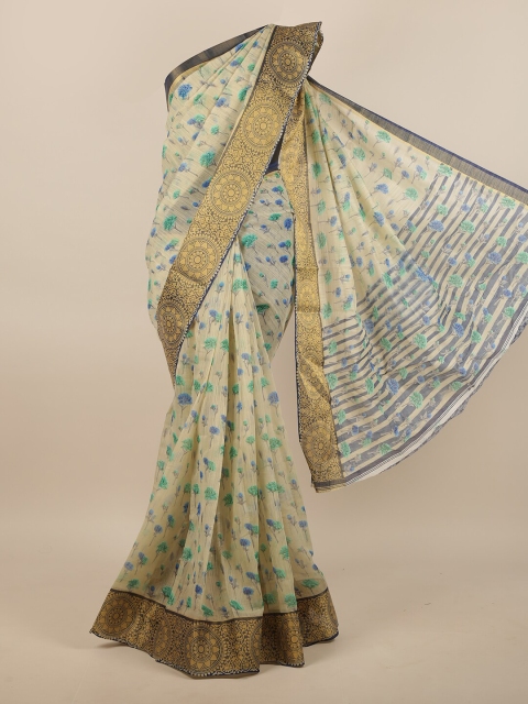 

Pothys Cream-Coloured & Blue Floral Printed Saree