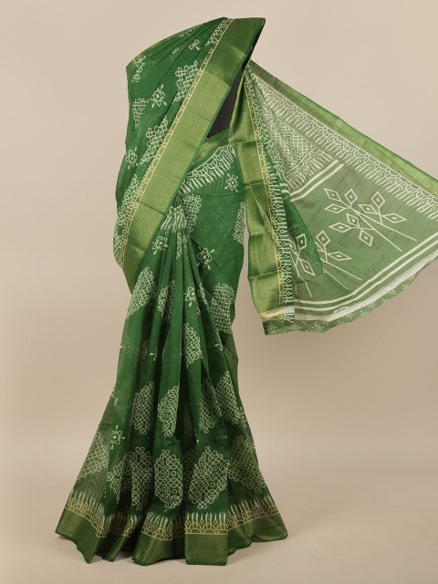 

Pothys Green & White Ethnic Motifs Printed Zari Saree