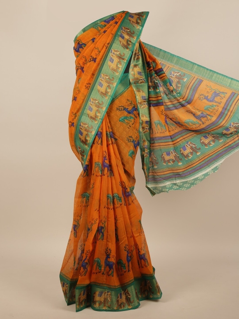 

Pothys Mustard Yellow & Green Ethnic Motifs Printed Saree