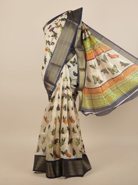 

Pothys Cream-Coloured & Navy Blue Ethnic Motifs Printed Zari Saree