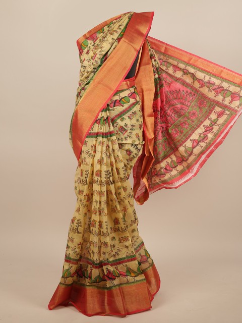 

Pothys Cream-Coloured & Pink Ethnic Motifs Printed Saree