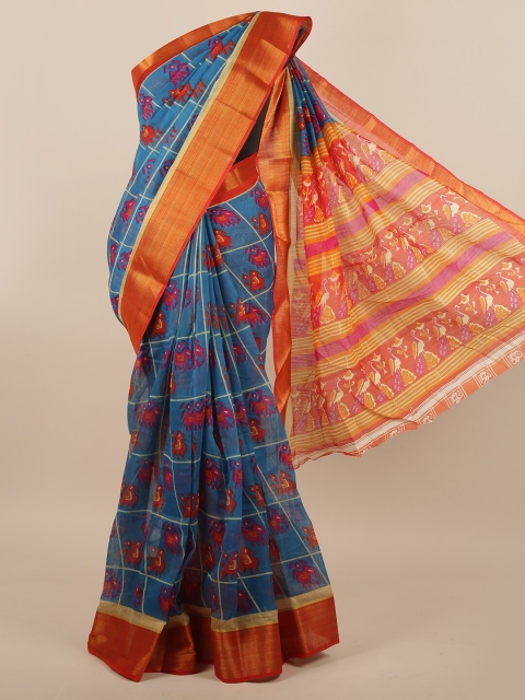 

Pothys Blue & Orange Checked Zari Saree