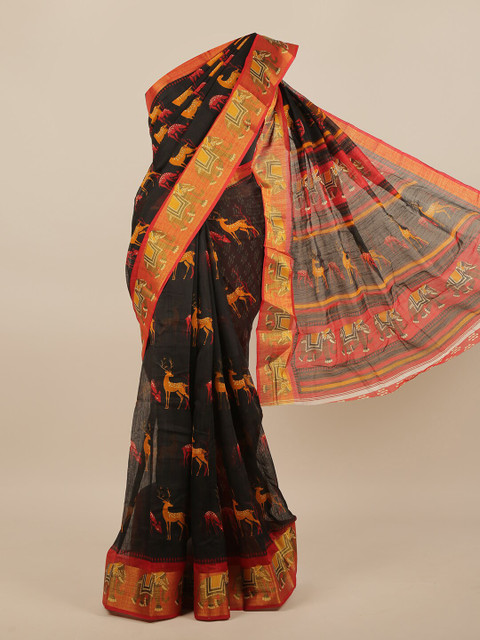 

Pothys Black & Orange Ethnic Motifs Printed Saree