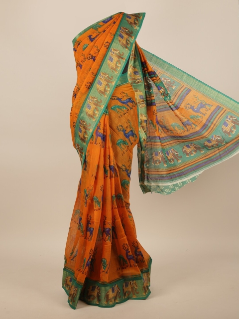 

Pothys Mustard & Green Ethnic Motifs Printed Saree