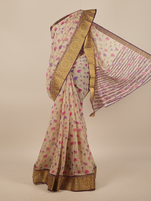 

Pothys Cream-Coloured & Purple Floral Printed Saree