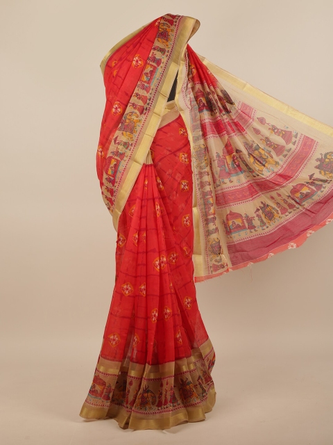 

Pothys Red & Gold-Toned Warli Printed Saree