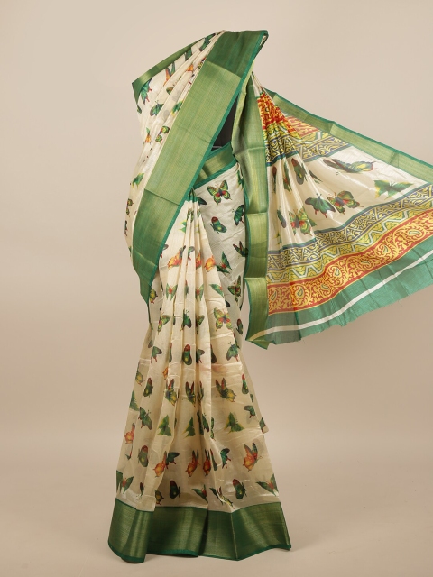 

Pothys Cream-Coloured & Green Ethnic Motifs Printed Zari Saree